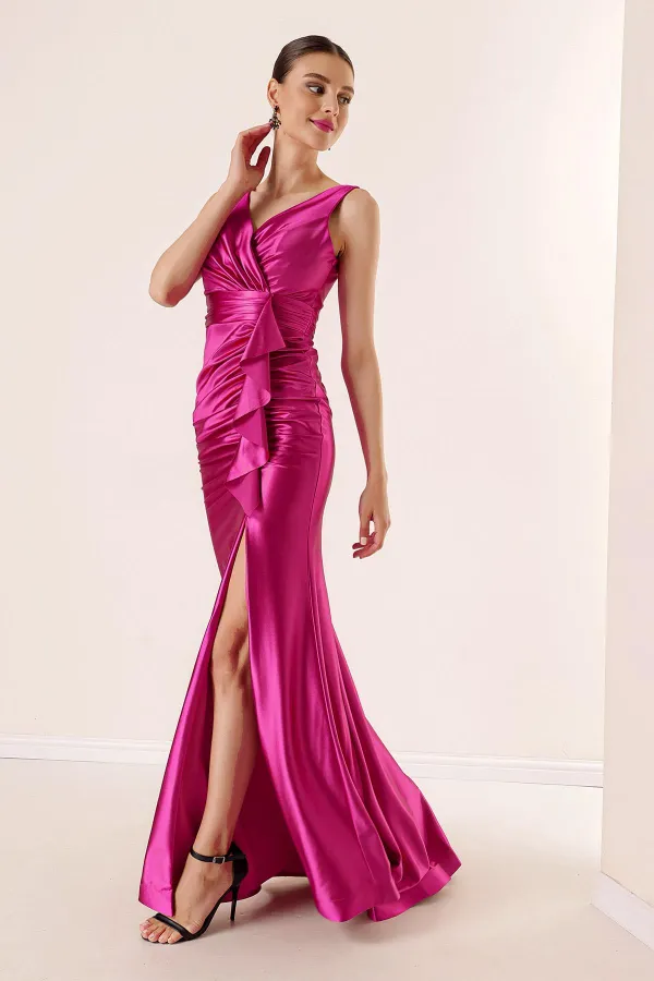 Draped, Flounced Front, Lined, Wide-Size, Long Satin Dress