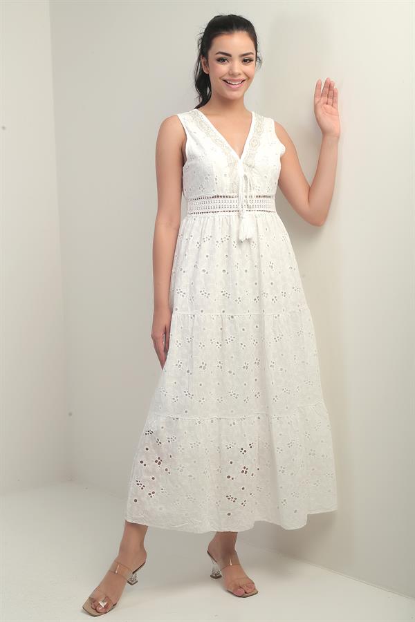 Women's Front and Back V-Neck Beaded Lined Midi Dress