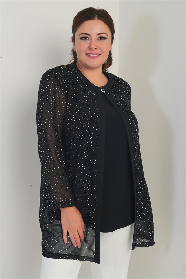 Ensemble deux pièces grande taille : chemisier à manches longues en lycra pour femme et veste en mousseline à pois dorés.