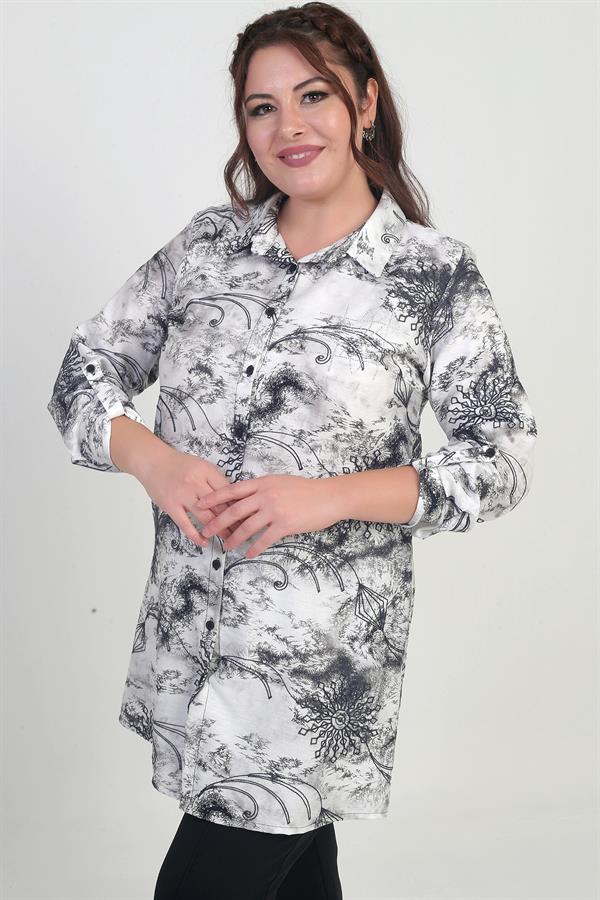 Women's Plus Size Long Shirt with Folded Sleeves and Batik Pattern