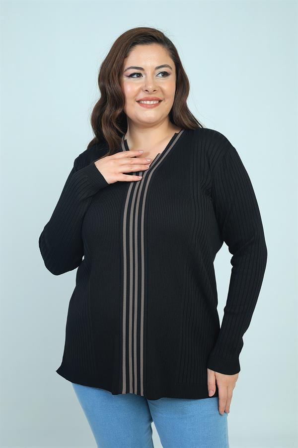Kadın V Yaka Önü Şeritli Fitilli Soğuk İplik Büyük Beden Triko Bluz