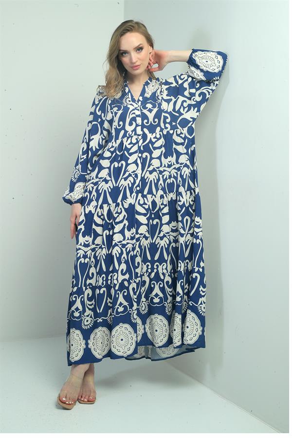 Robe longue hijab pour femme, col mandarin, boutons sur le devant, poignets élastiqués, motif châle