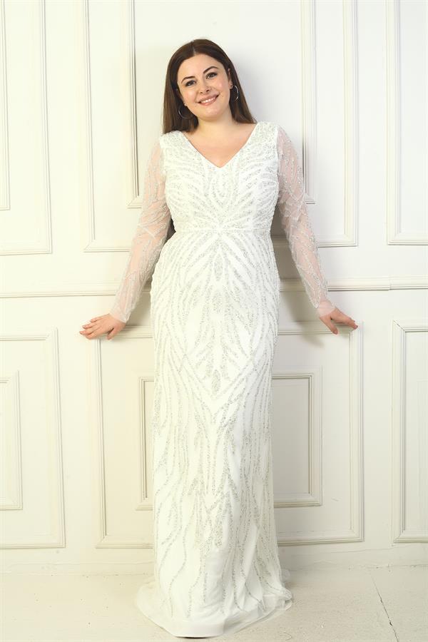 Front and Back V-Neck, Tulle Sleeves, Lined, Embellished Long Plus Size Dress