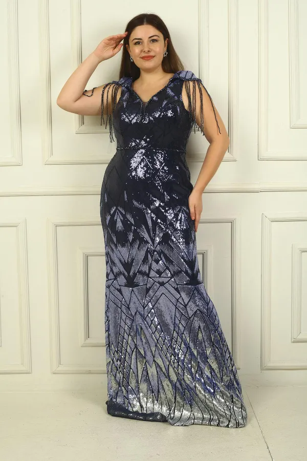 Robe de soirée longue à sequins BB avec manches à pompons perlés et doublure