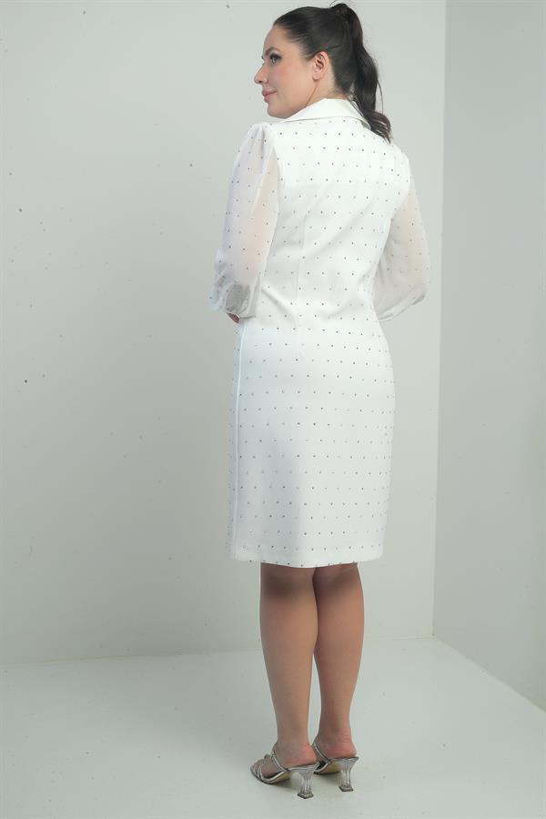 Women's Wrap Neckline Button-Front Chiffon Sleeved Beaded Plus Size Short Dress