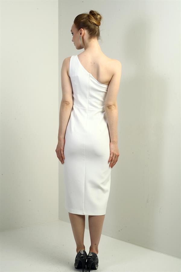 Women's One-Shoulder Crepe Midi Dress with Floral Detail and Front Slit