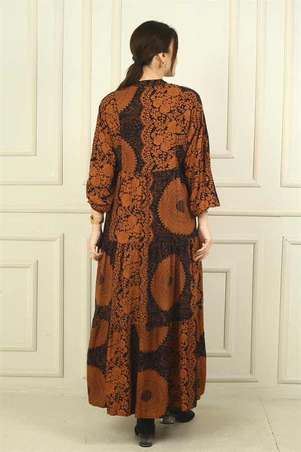 Kadın Önü Yarım Düğmeli Etnik Desenli Fırfırlı Oversize Uzun Elbise