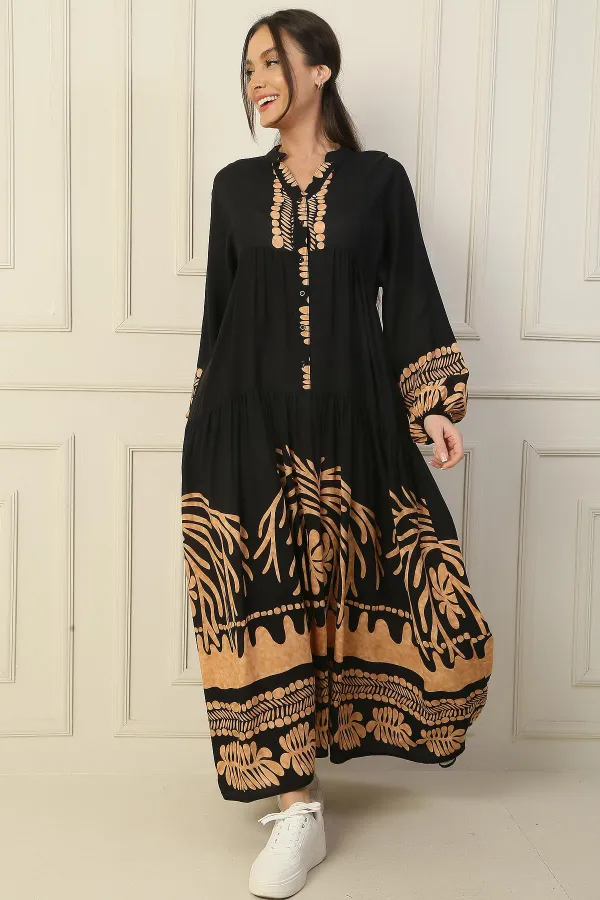 Long, half-buttoned, elasticated sleeve, printed modest dress.