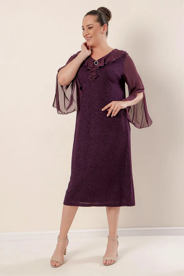 Yaka Ve Kollar Şifon Astarlı Likralı Simli Büyük Beden Elbise