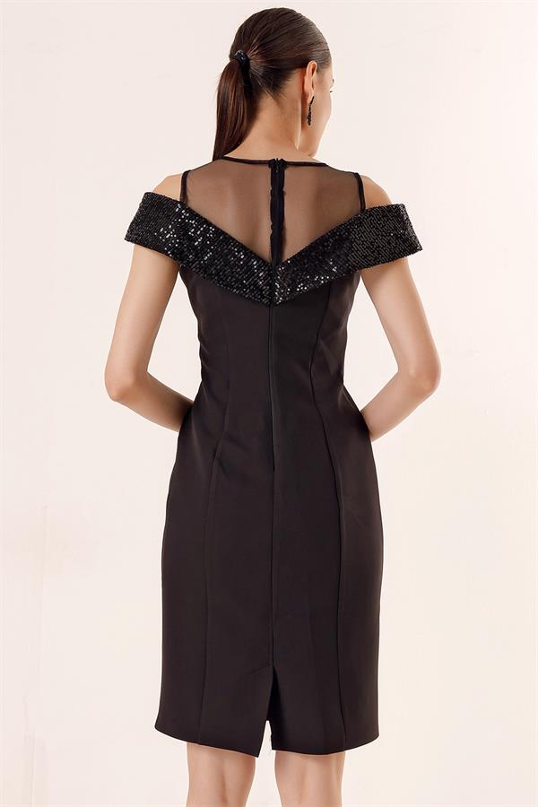 Üst Transparan Tüllü Yakası Pul Payet Elbise