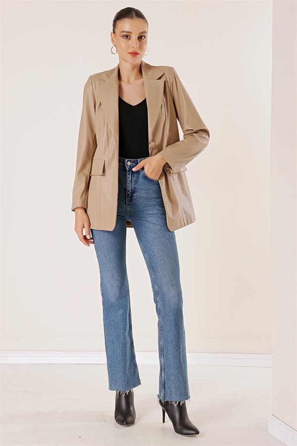 Çift Düğmeli Sahte Cepli Astarlı Deri Ceket