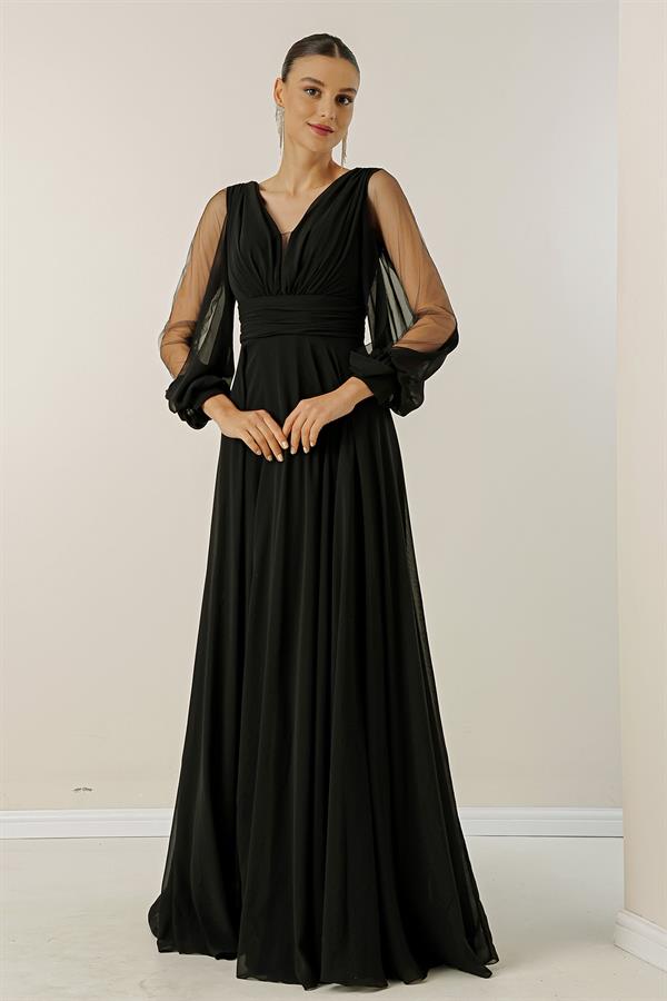 Front and back V-neck, draped front, tulle sleeves, lined, wide-length chiffon dress.