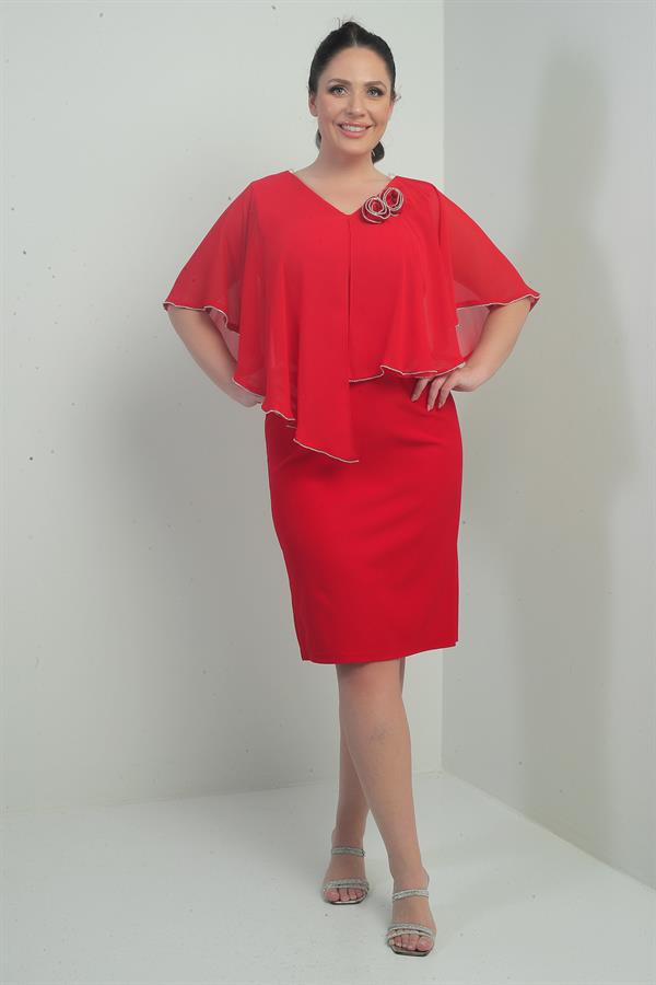 Kadın Ön Arka V Yaka Üstü Şifon Taş Detaylı Güllü Büyük Beden Krep Kısa Elbise