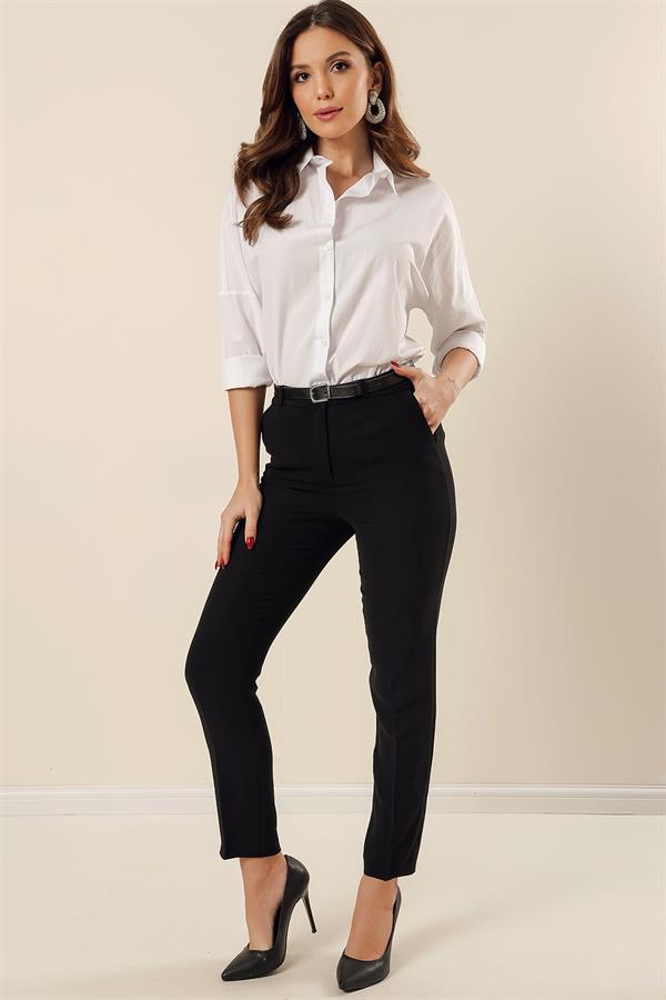 Beli Kemerli Yandan Cepli Dar Paça Krep Geniş Beden Aralıklı Pantolon