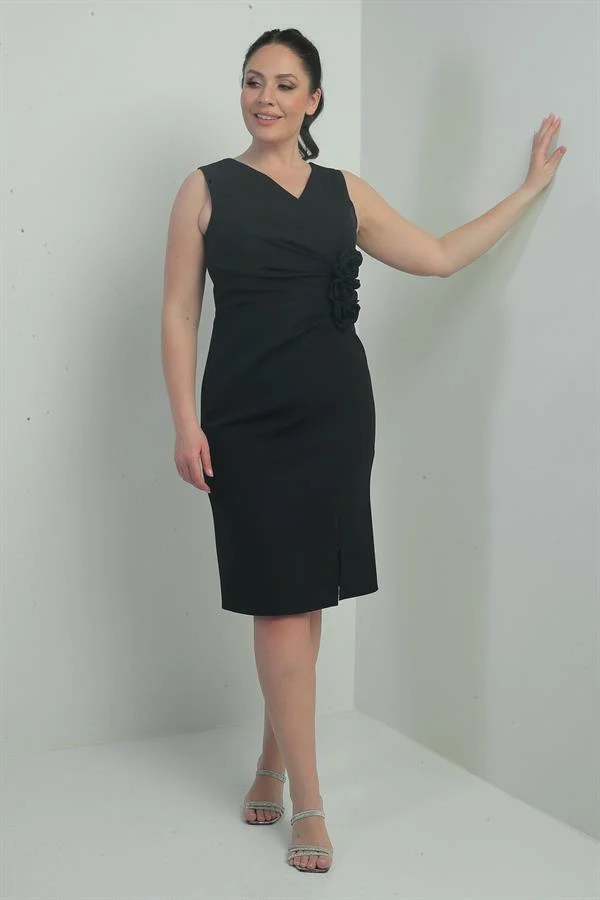 Robe mi-longue grande taille pour femme, col en V, doublure intérieure, détails floraux 3D