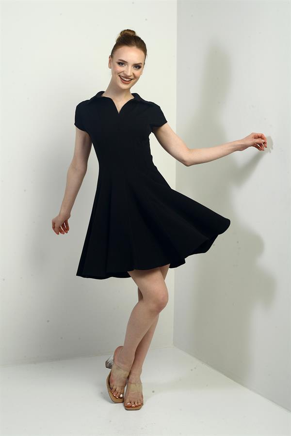 Kadın Polo Yaka Ay Kollu Likralı Kloş Kısa Elbise