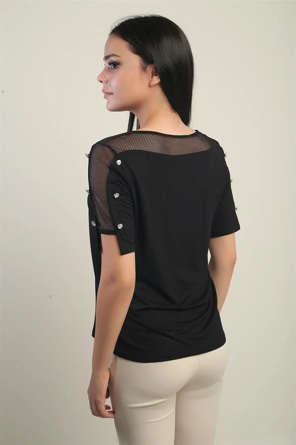 Women's Blouse with Mesh Shoulder and Button Detail, Made of Lycra