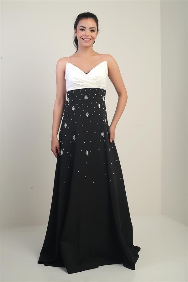 Robe longue évasée sans bretelles en taffetas pour femme avec double épissure de pierre