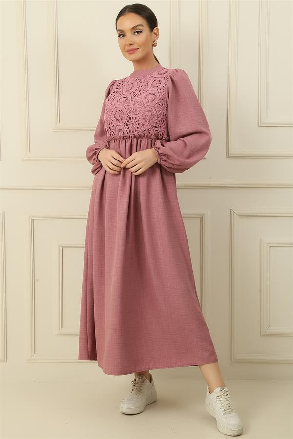 Lace Linen Effect Long Dress