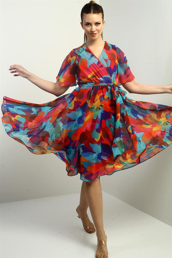 Women's Wrap Neckline Lined Chiffon Rainbow Dress with Belt