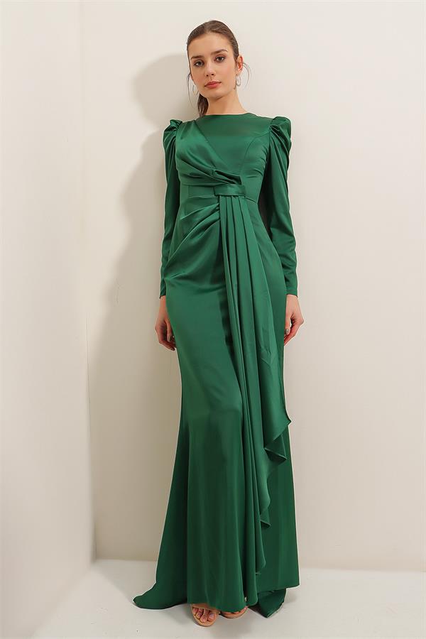 Önü Pile Detaylı Astarlı Uzun Kollu Saten Uzun Elbise