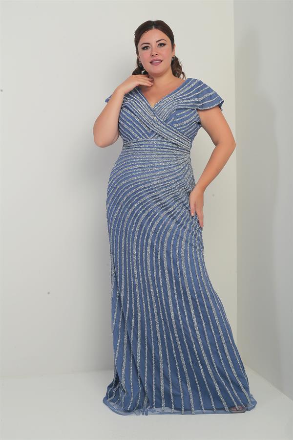 Women's Front and Back V-Neck Stone Print Lined Plus Size Fishtail Dress