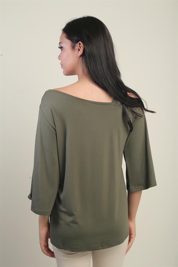 Kadın Tek Omuzlu Fiyonk Taş Baskılı Likralı Bluz