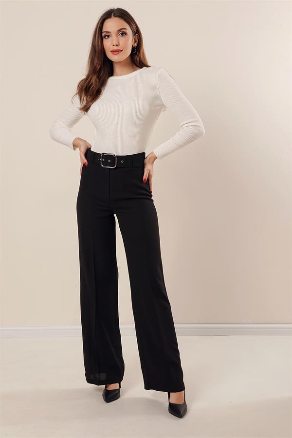 Wide-Leg Crepe Trousers with Belt