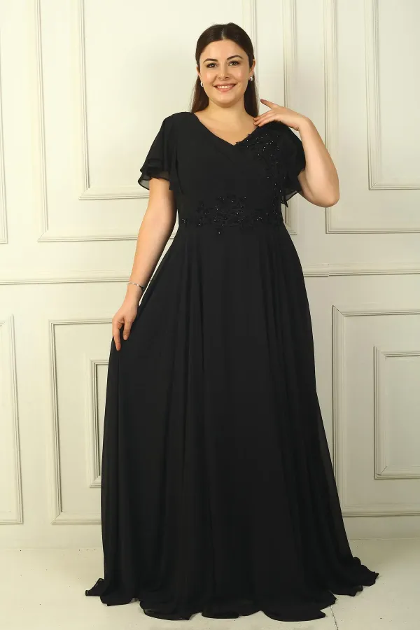 Women's Front Back V Neck Draped Beaded Embroidered Lined Plus Size Long Chiffon Dress