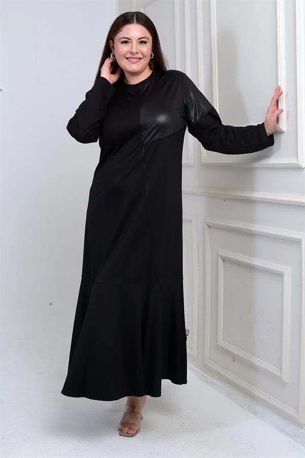 Robe longue grande taille pour femme avec épaules en cuir et jupe à volants