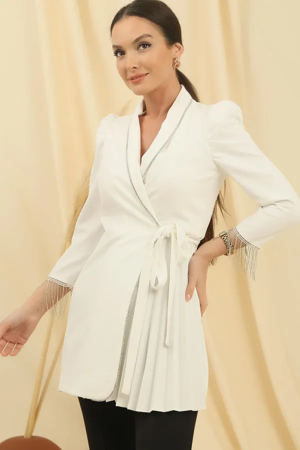 Shoulder Padded, Half Lined, One Side Pleated, Sleeve Chain Detailed Dress