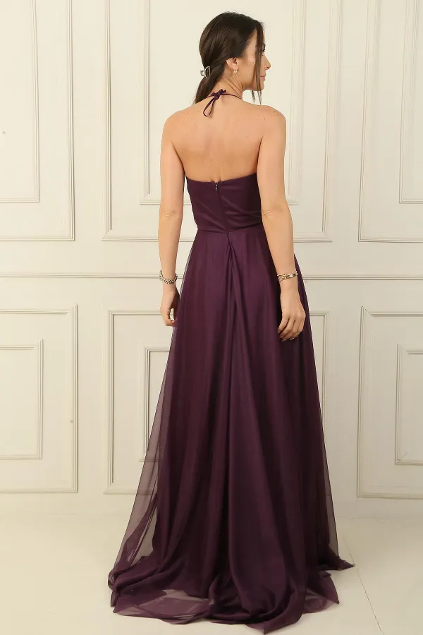 Önü Drapeli Taş Detaylı Astarlı Uzun Tül Abiye Elbise