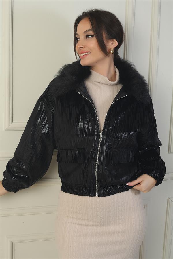 Manteau pour femme à col en fourrure, fermeture éclair sur le devant et doublure à motif zigzag