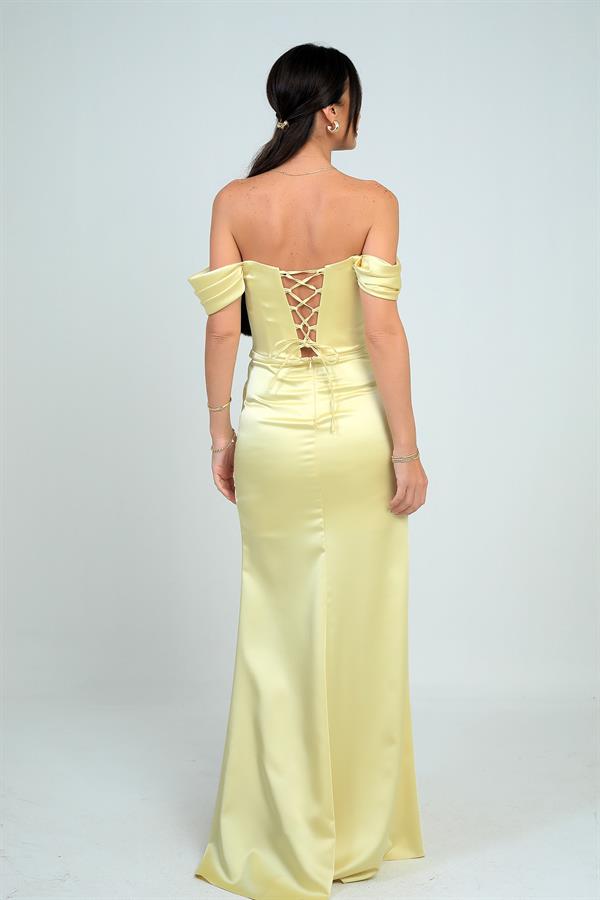 Kadın Straplez Düşük Kollu Astarlı Balenli Saten Uzun Elbise