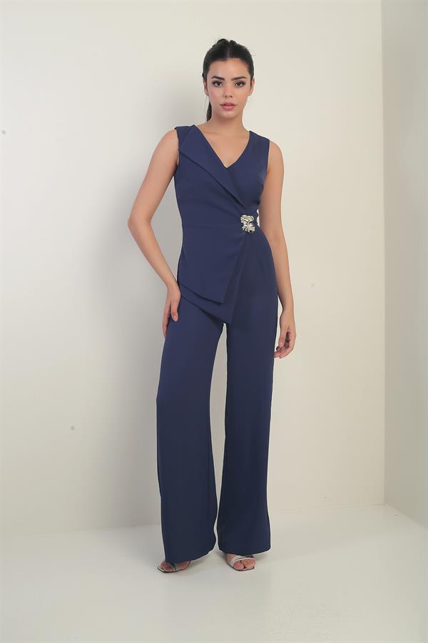 Women's Front and Back V-Neck Top Vest-Look Wide Leg Jumpsuit