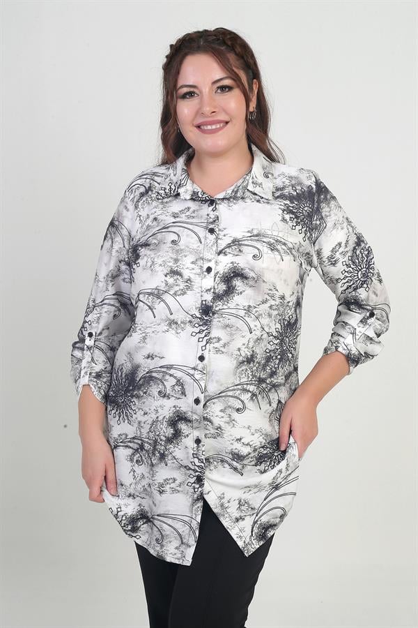 Women's Plus Size Long Shirt with Folded Sleeves and Batik Pattern