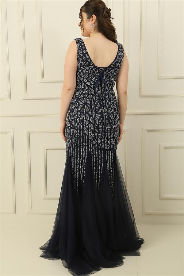 Front and Back V-Neck Stone Embellished Back Tie Lined Plus Size Long Dress