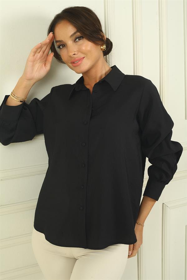 Chemise à manches longues boutonnée pour femme avec manches froncées