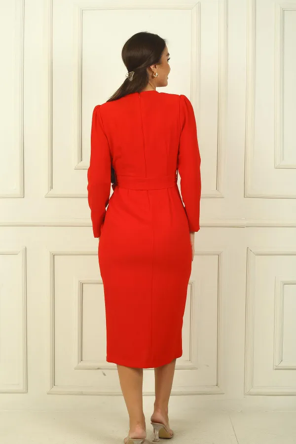 Women's Wrap-Neck Sleeveless Belted Lined Crepe Dress