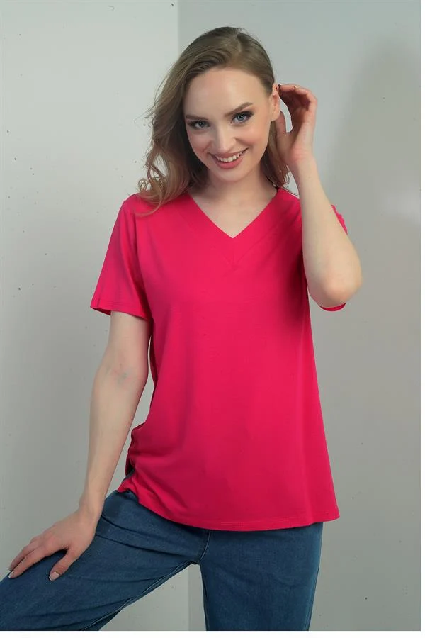 Women's V-Neck Short-Sleeve Blouse with Slit