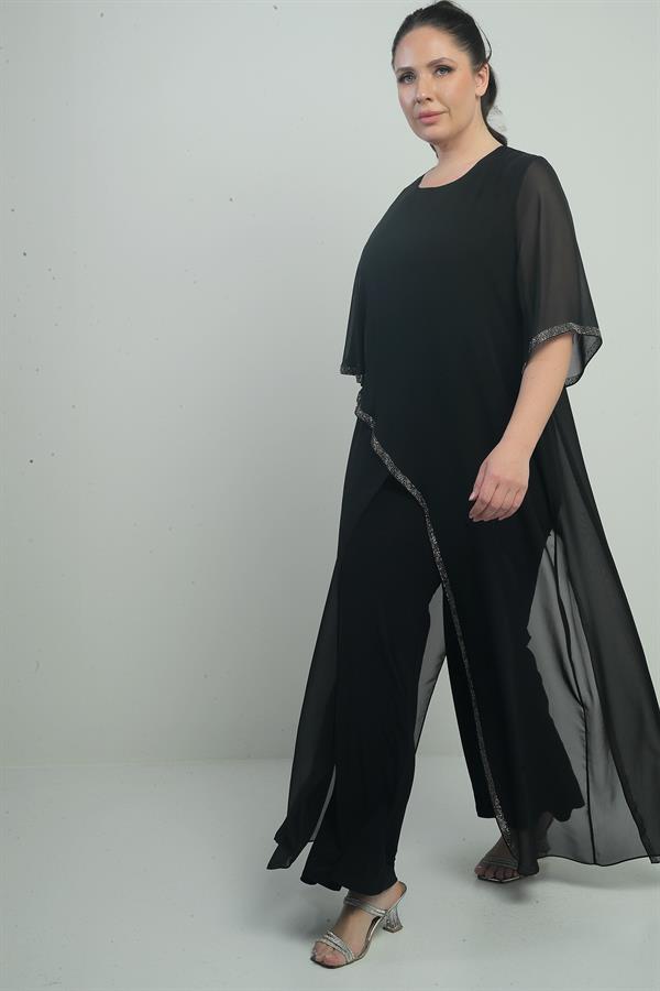 Combinaison en mousseline pour femme avec détails en pierre, manches espagnoles, jambes larges, grandes tailles, Lycra