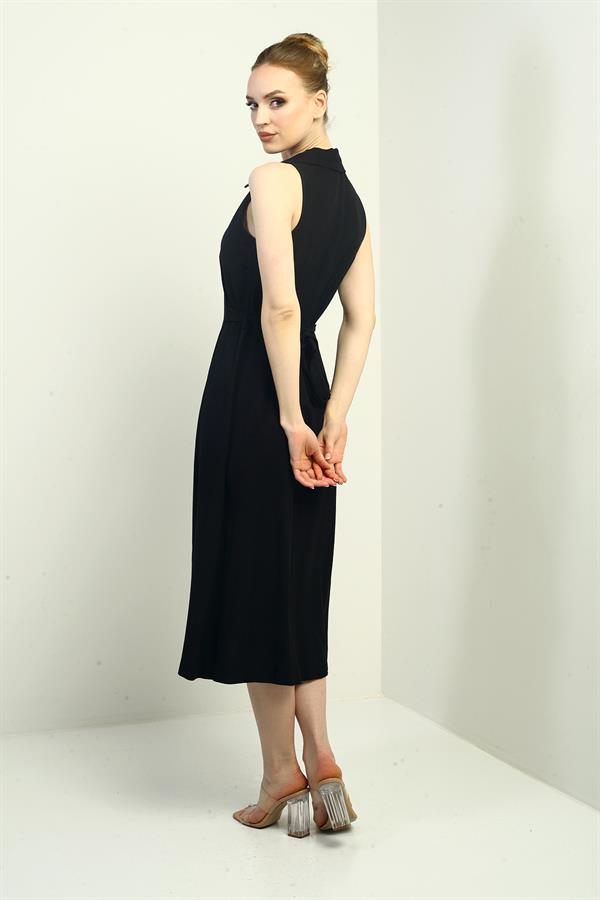 Robe midi en lin à col polo pour femme, ornée d'un pli sur le devant et de boutons.