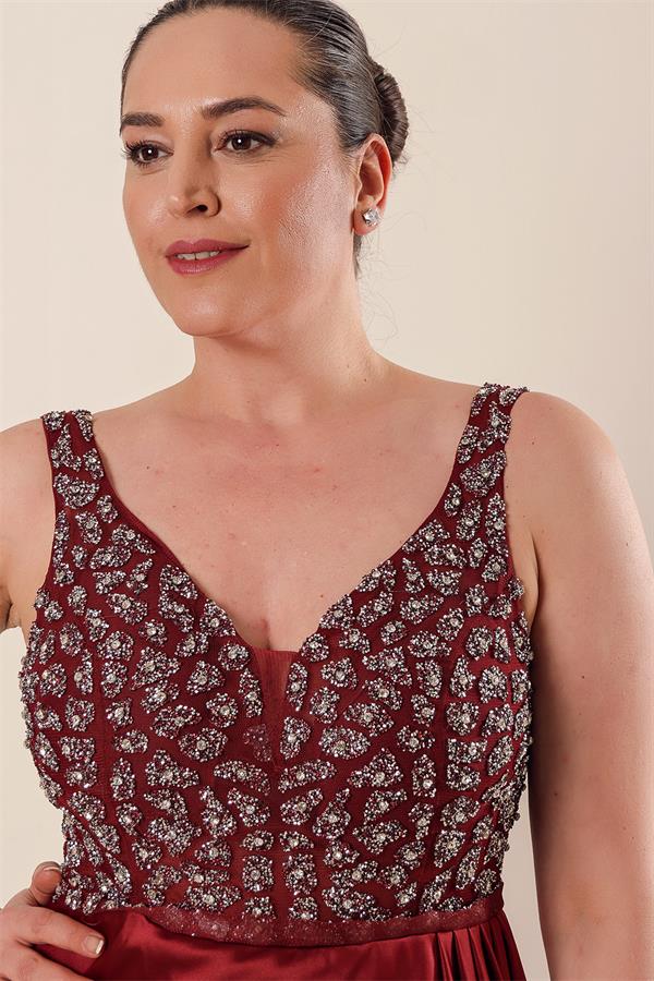 Plus Size Long Satin Dress with Tulle and Stone Embellishments and Lining