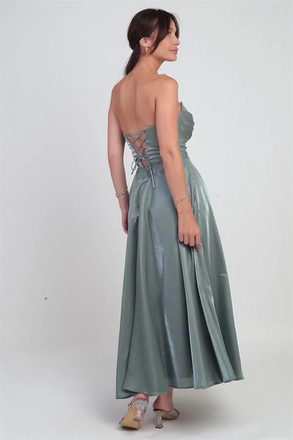 Women's V-Neck Strapless Lined Organza Satin Midi Dress