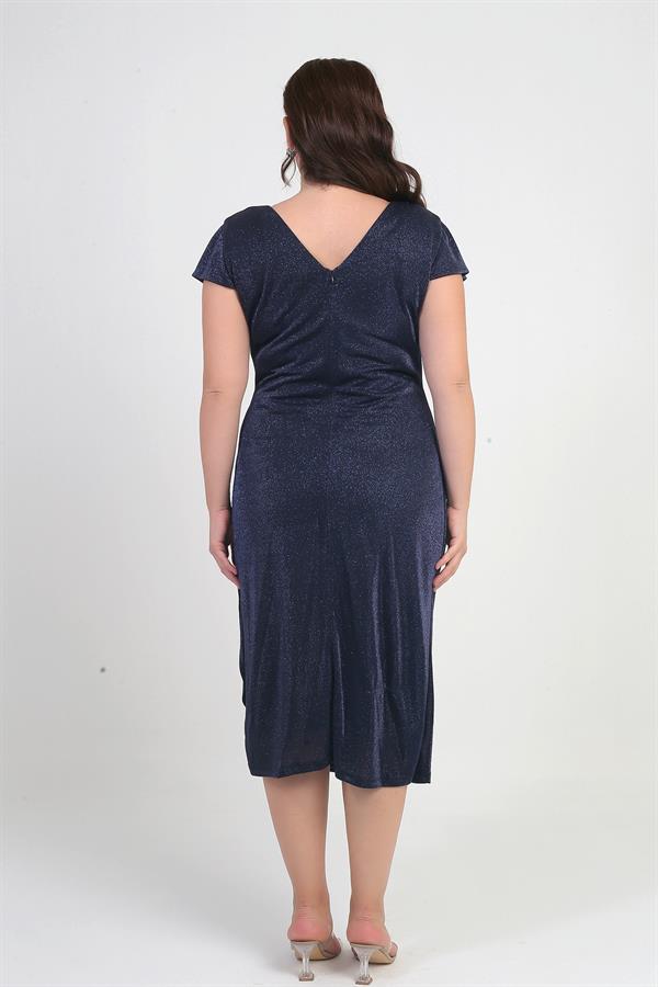 Women's Front Back V Neck Waist Stone Detail Lined Glittery Sandy Fabric Plus Size Midi Dress