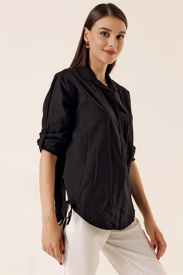 Shirt with Buttoned Sleeves, Single Pocket, and Lace-Up Sides