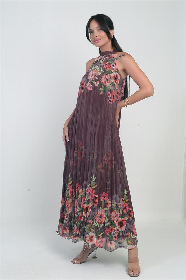 Kadın Çiçek Desenli Astarlı Plisoley Şifon Uzun Elbise