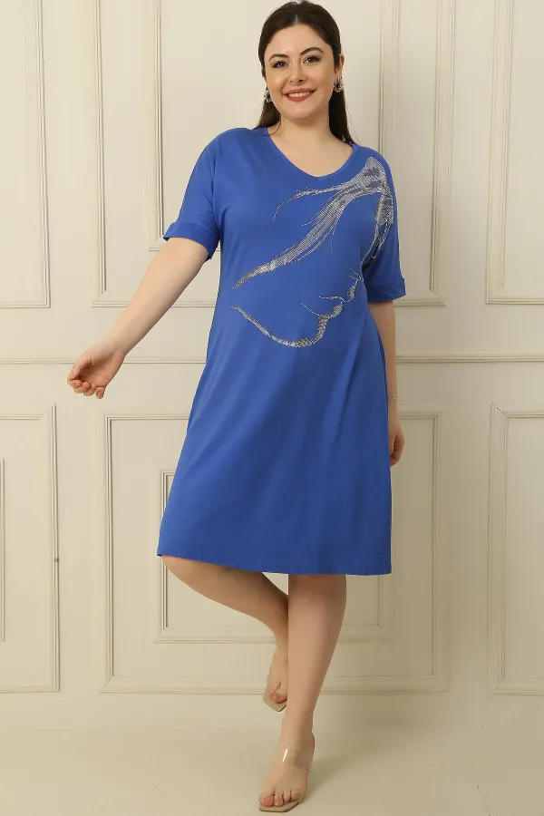 Plus Size Viscose Dress with Stone Printed Face Pattern on the Front