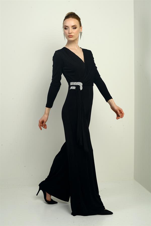 Kadın Kruvaze Yaka Bel Taş Detaylı Uzun Kollu Bol Paça Likralı Tulum