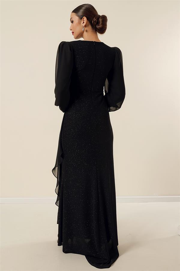 Beli Taş Aksesuarlı Likralı Şifon Detaylı Astarlı Uzun Simli Geniş Beden Aralıklı Elbise